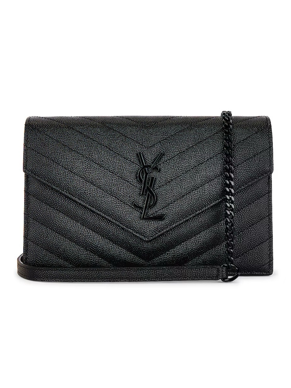 Saint Laurent CASSANDRE Black Quilted Chevron Crossbody Wallet with Chain